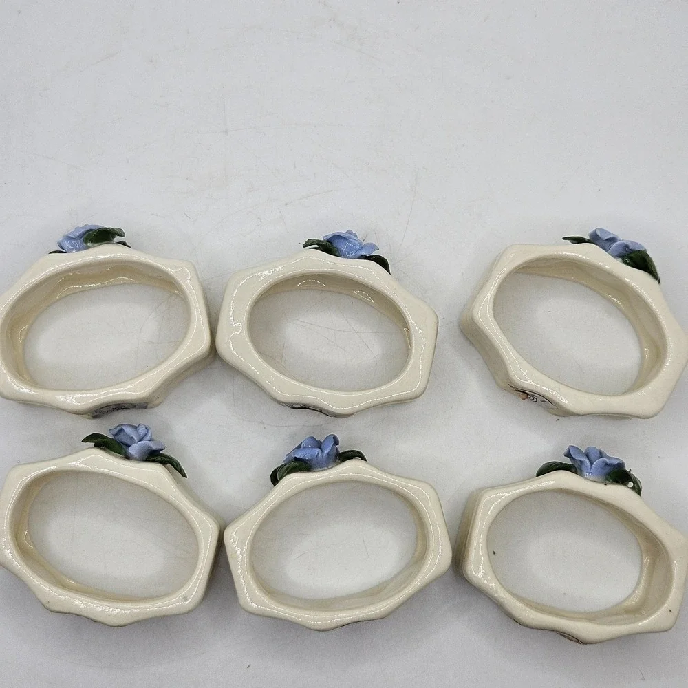Vintage Porcelain Napkin‎ Rings Set of 6 Blue Rose Floral Grannycore Cottagecore